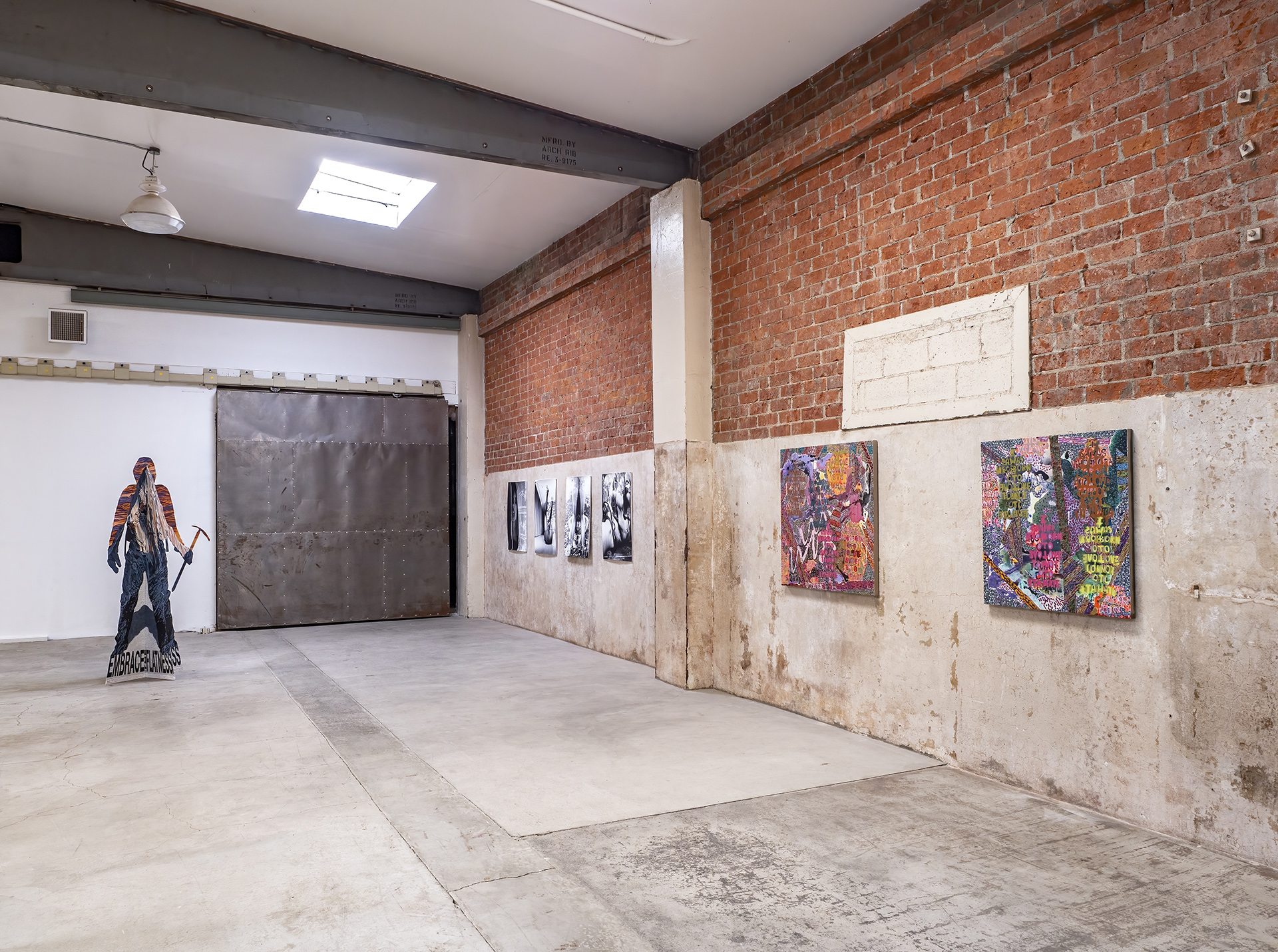 Left to right: Daniel Hawkins (sculpture), Hester Scheurwater (four photographs), Alexandra Grant (two paintings)
