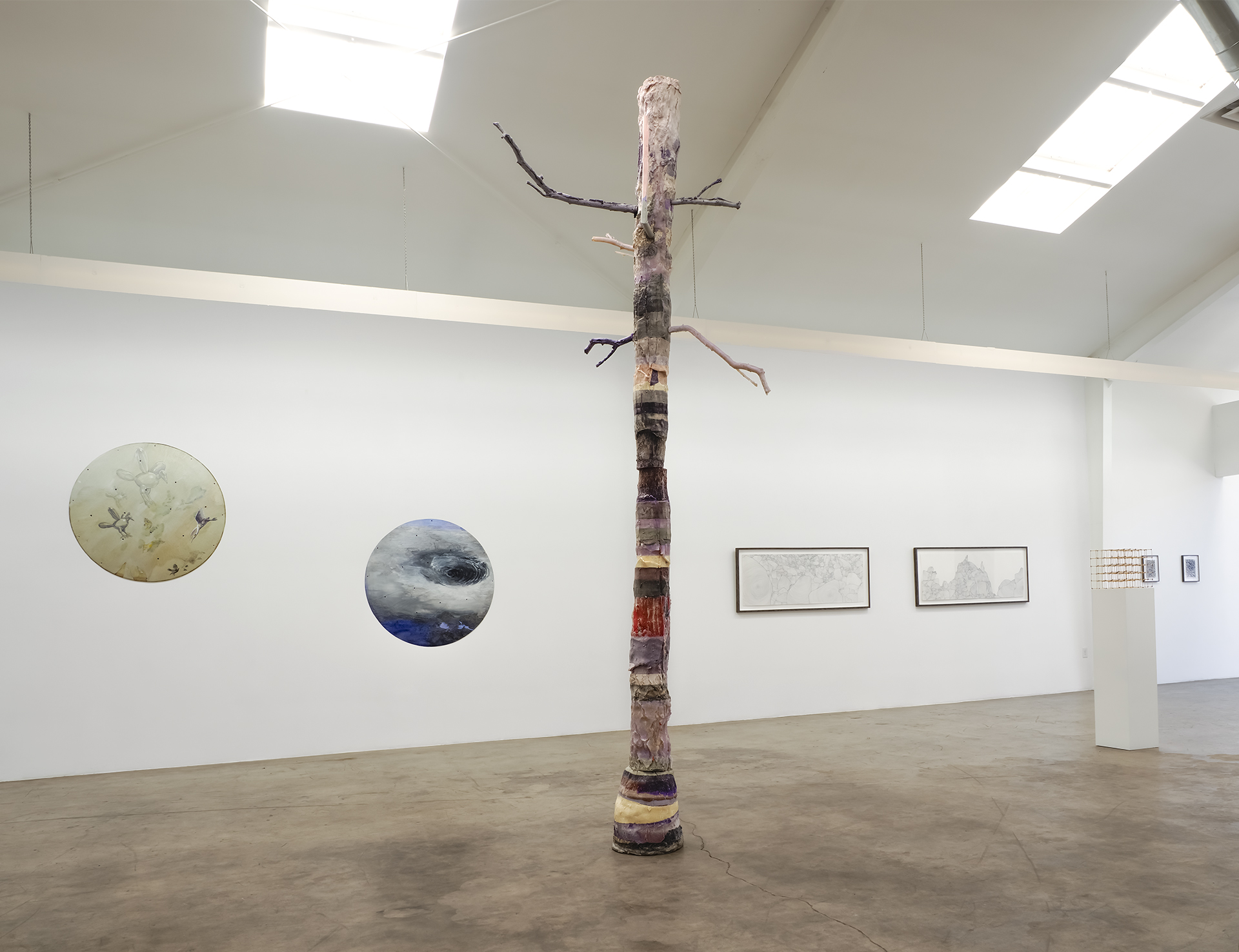 Left to right: Marielou van Lierop (two disks), Irene de Boer (large sculpture), China Adams (two framed drawings), Tim Hawkinson (small sculpture), Saminte Ekeland (small works in the background)