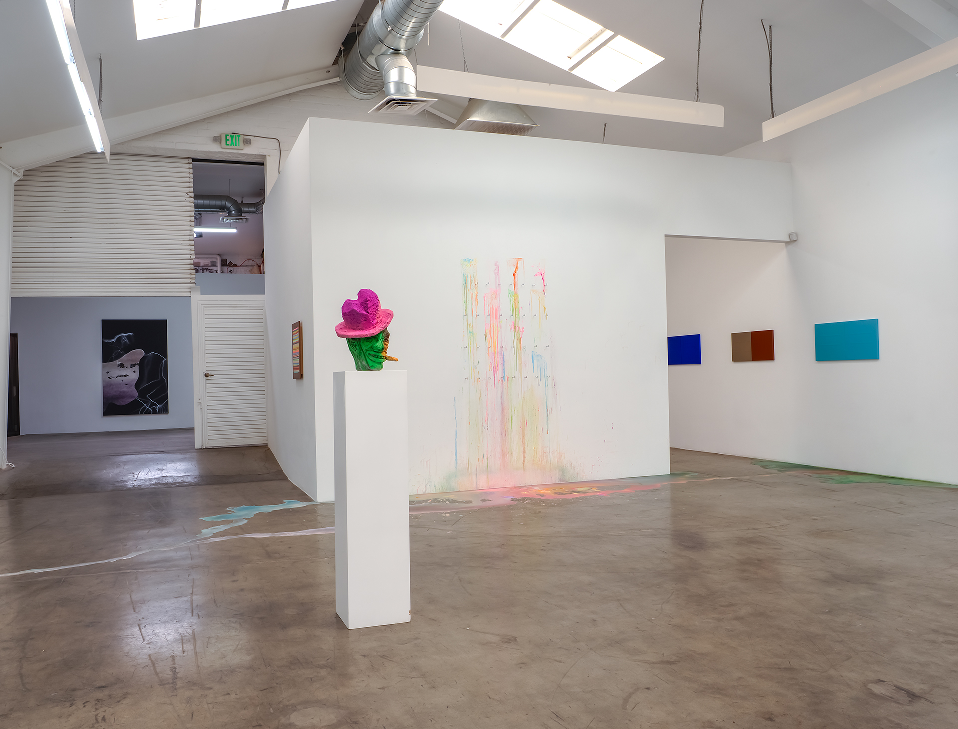 Left to right:  Irene de Boer (backroom), Folkert de Jong (sculpture), Daan den Houter (ice painting installation), Lies Kraal (three paintings)