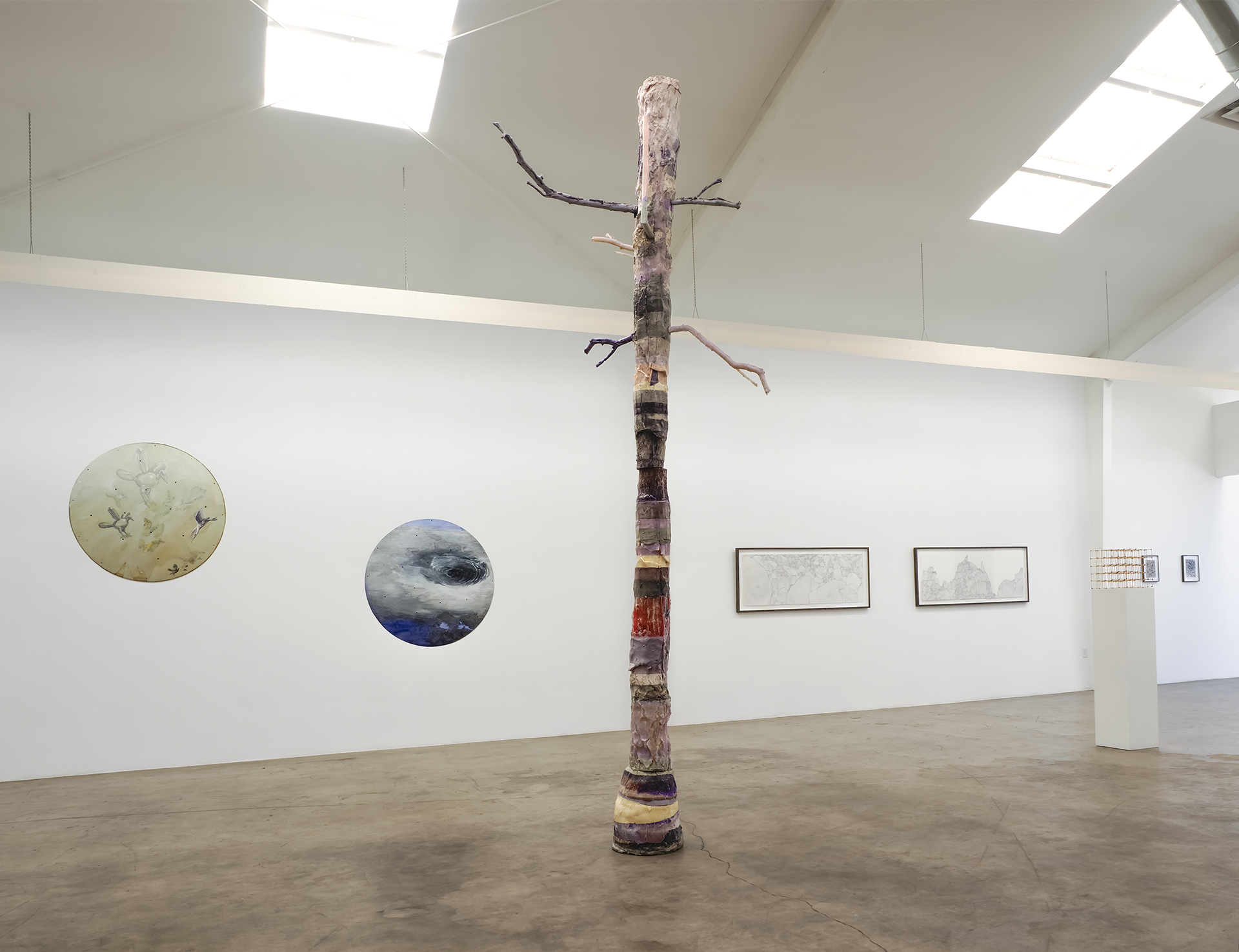OLYMPUS DIGITAL CAMERA Left to right: Marielou van Lierop (two disks), Irene de Boer (large sculpture), China Adams (two framed drawings), Tim Hawkinson (small sculpture), Saminte Ekeland (small works in the background)