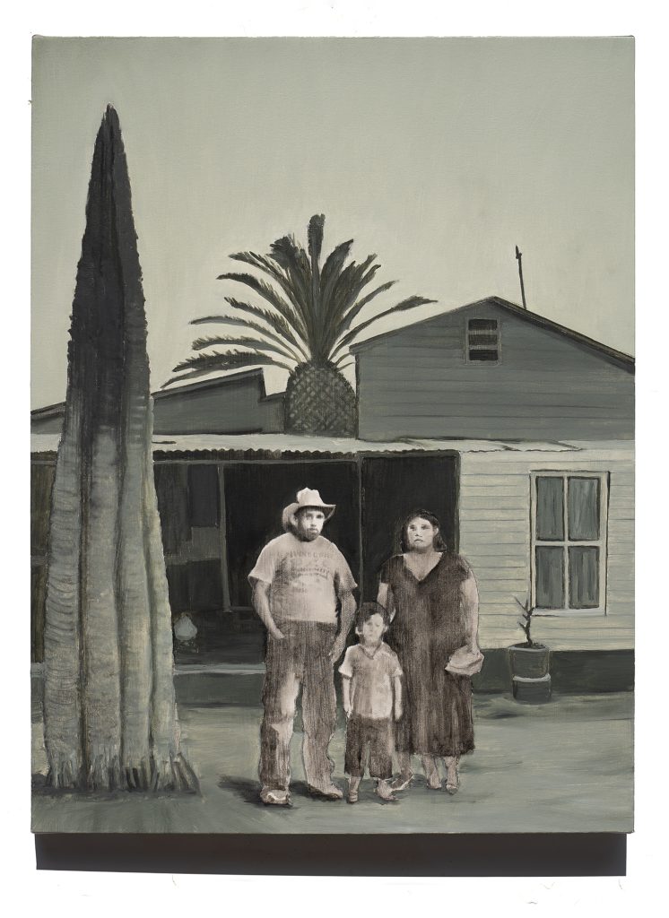Donnie Molls, Tres Familia, 2024, Mixed media, oil on canvas, 28 1/2 x 21 1/2 inches