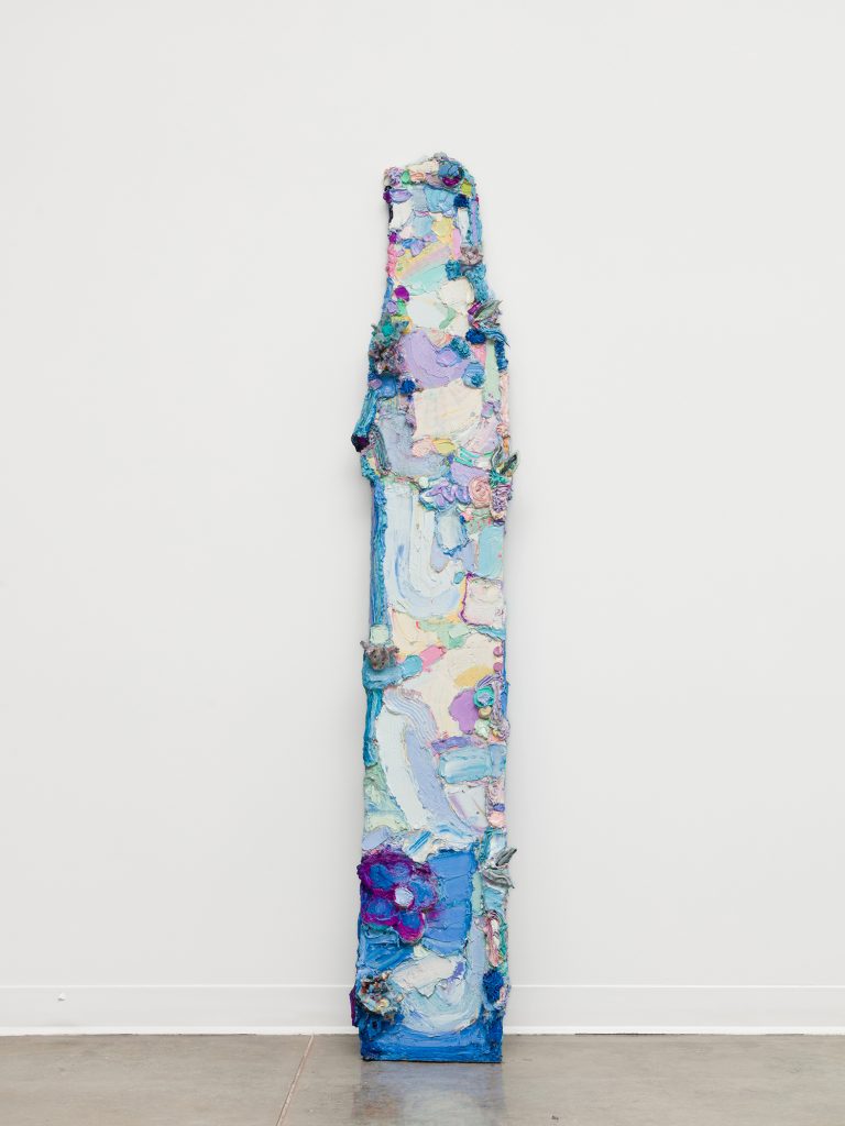 Dena Novak, Maximalism, 2025, Oil paint, ceramic, glitter, wood plank, 73 x 10 inches