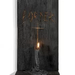 Francesca Bifulco Border Crosser, 2024 Etched burned wood with burned candle 11 x 6 x 3.75 in / 27.94 x 15.24 x 9.53 cm