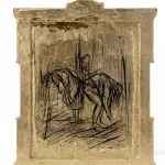 Francesca Bifulco Mini Altar (Fentanyl), 2024, Acrylic and gold leaf on burned wood, 13 x 10 x 1 in / 33.02 x 25.4 x 2.54 cm