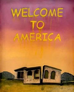 Donnie Molls Welcome to America, 2026 Mixed Media oil on paper 16 x 19 in / 40.64 x 48.26 cm Framed: 20.75 x 16.625 / 52.7 x 42.2 cm