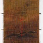 Francesca Bifulco | Stolen Landscape, 2026 | Acrylic and pastels on burned burlap stitched on metal | 20.25 x 14.5 in